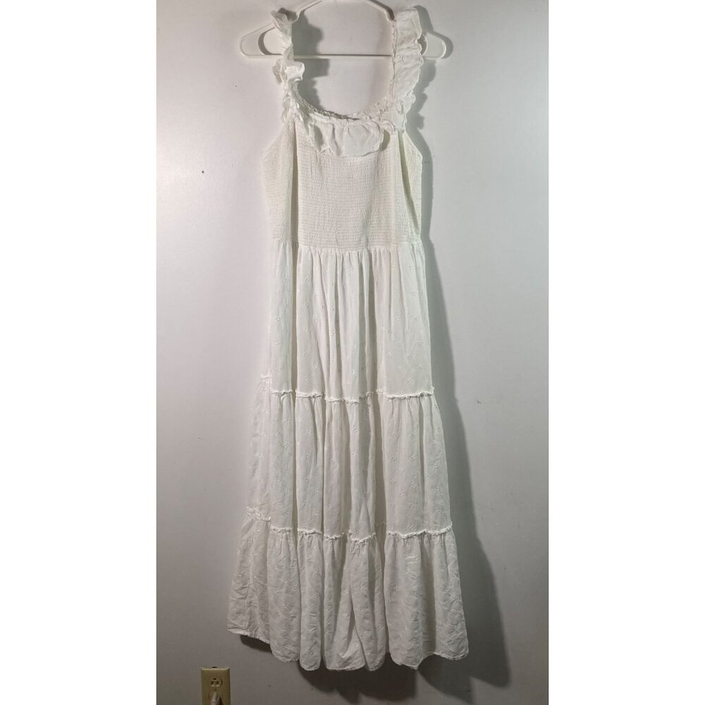 Womens Old Navy Smocked‎ Eyelet Maxi SunDress Tiered White L Tall